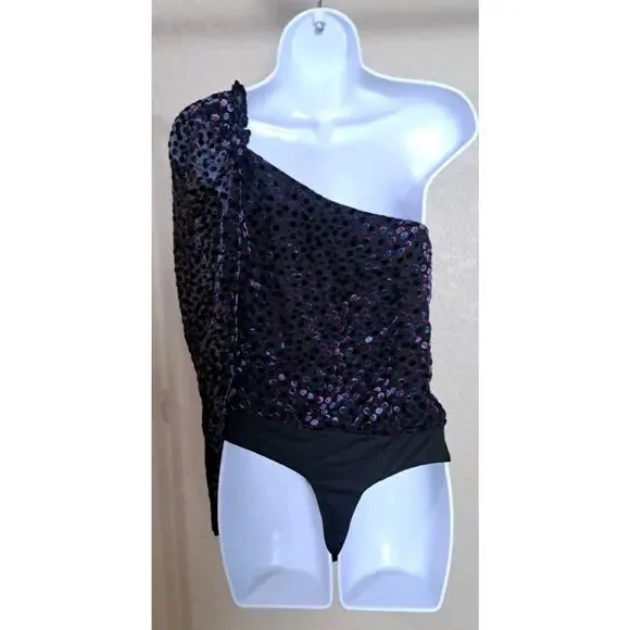 Revolve ASTR Isolde One Shoulder Bodysuit Top Velvet Dot Ruffle Sz S Party Event - Picture 8 of 11